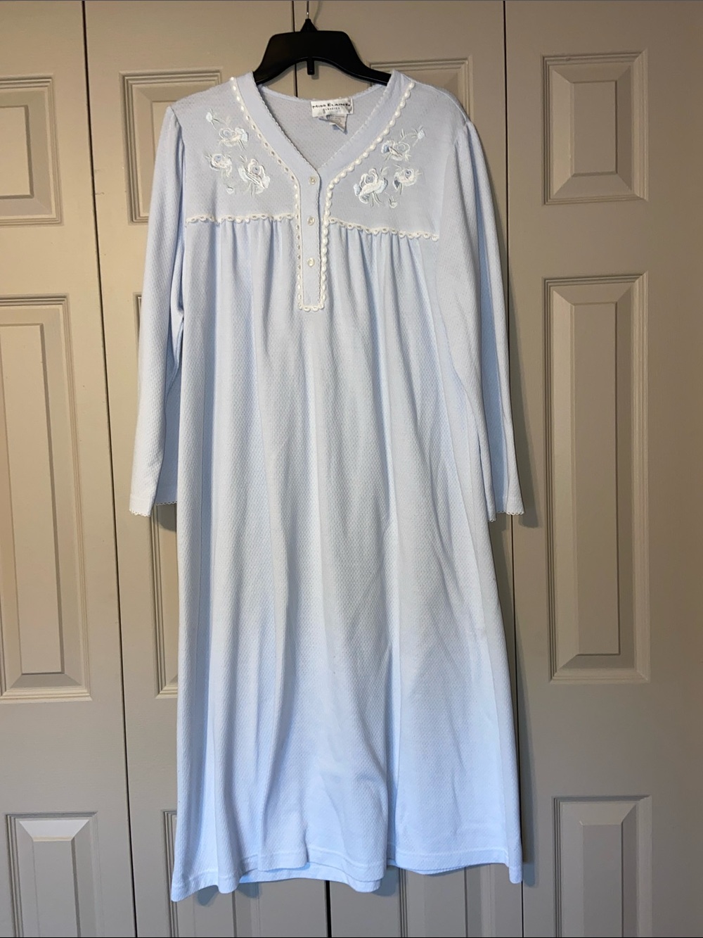 Miss Elaine Women's Thermal Knit Long Sleeve Light Blue Nightgown Size XL